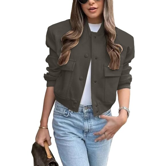 Women's Fashion Button Down Bomber Dark Gray Jacket Varsity Side Pockets Cropped